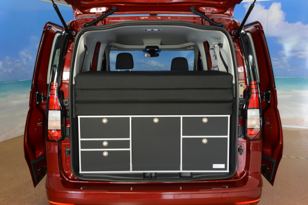 VanEssa sleeping system in addition to kitchen VW Caddy Maxi 5 / Ford Grand Tourneo Connect 3, rear view, packing state